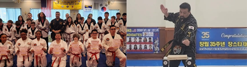 Taekwondo student performing a wood break board smash